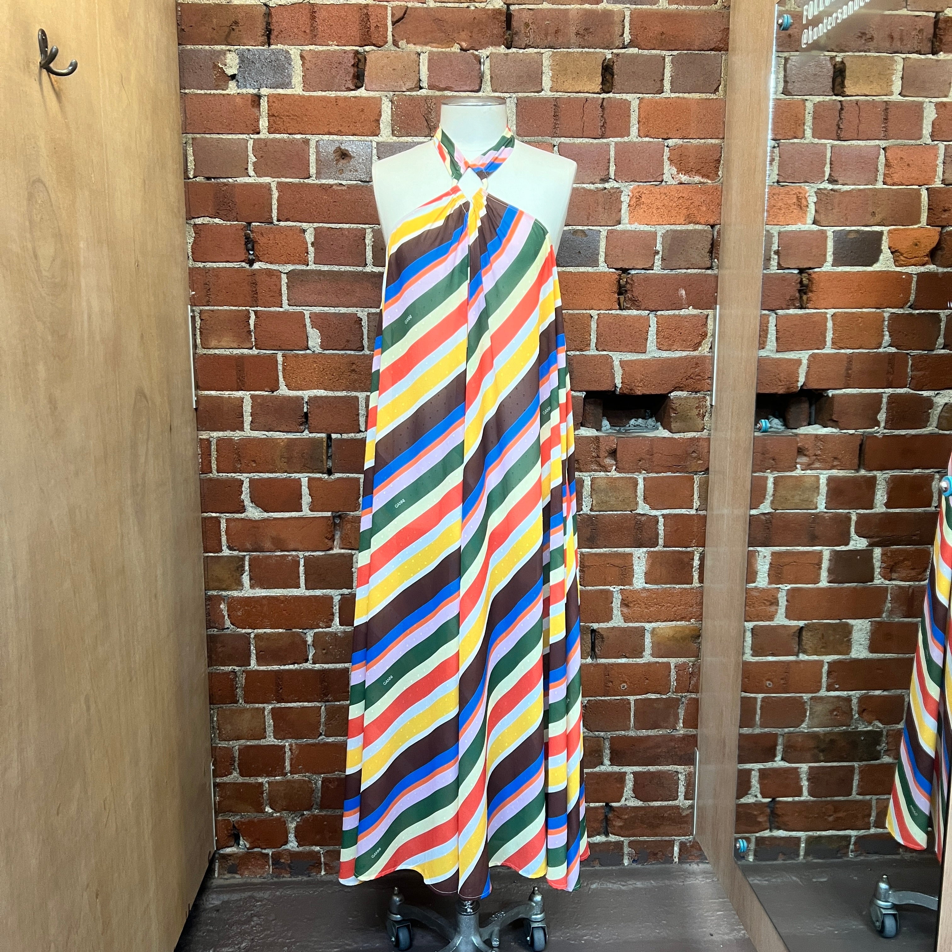 ganni striped halter dress Ganni Striped Halter Neck Recycled Chiffon Midi Dress Multi Size AU 10