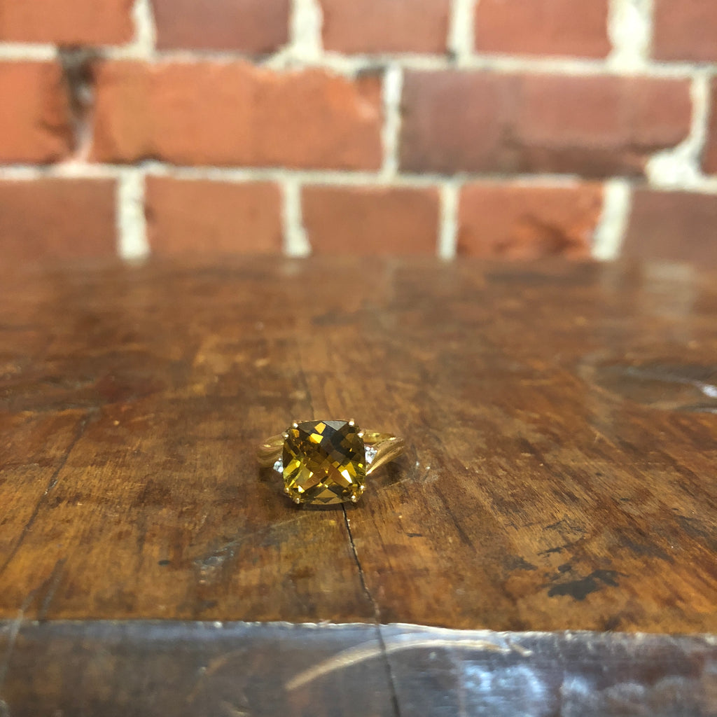 9ct gold English, checkered cut citrine and topaz ring