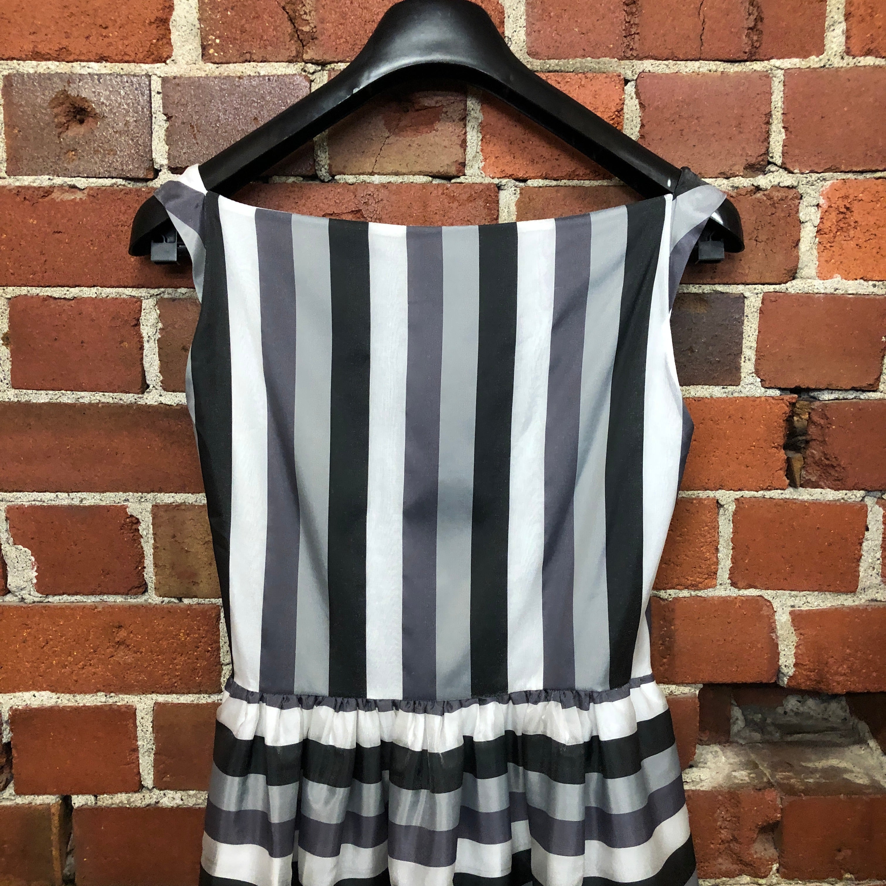 black and white striped corset dress Custom size Black and White striped satin and tulle Circus Harlequin Burlesque corset prom dress with neck piece Glamtastik