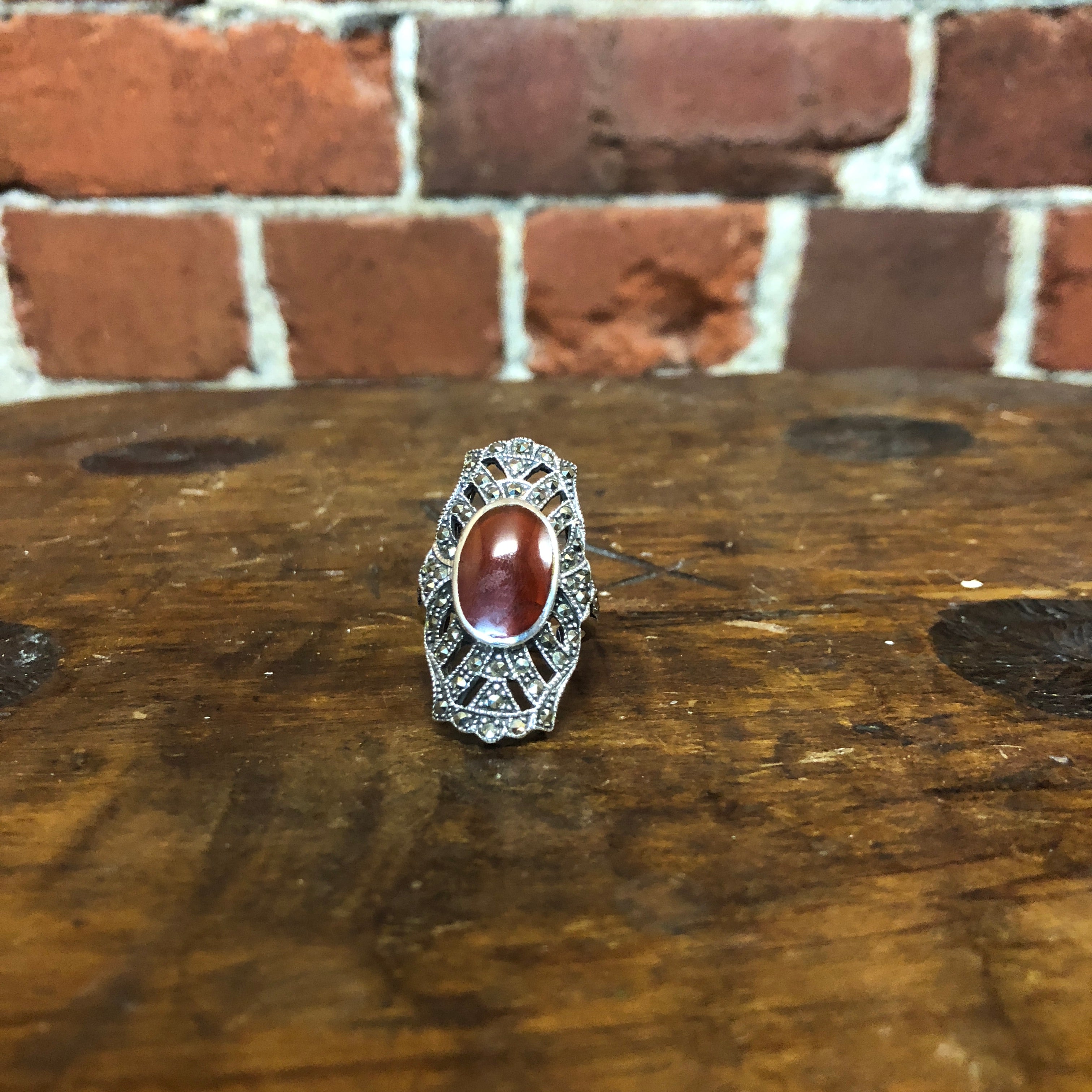 Amber, sterling silver and marcasite ring