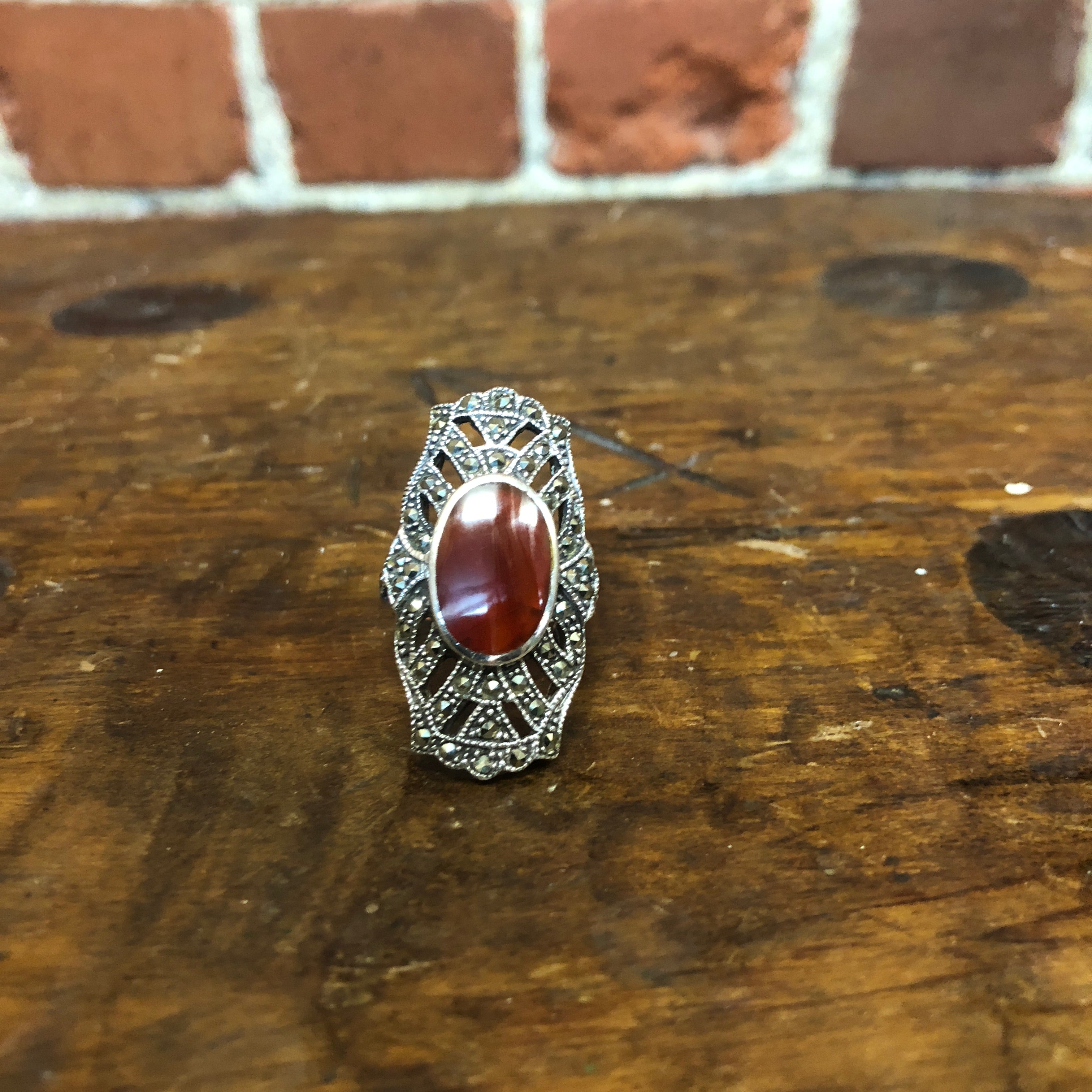 Amber, sterling silver and marcasite ring