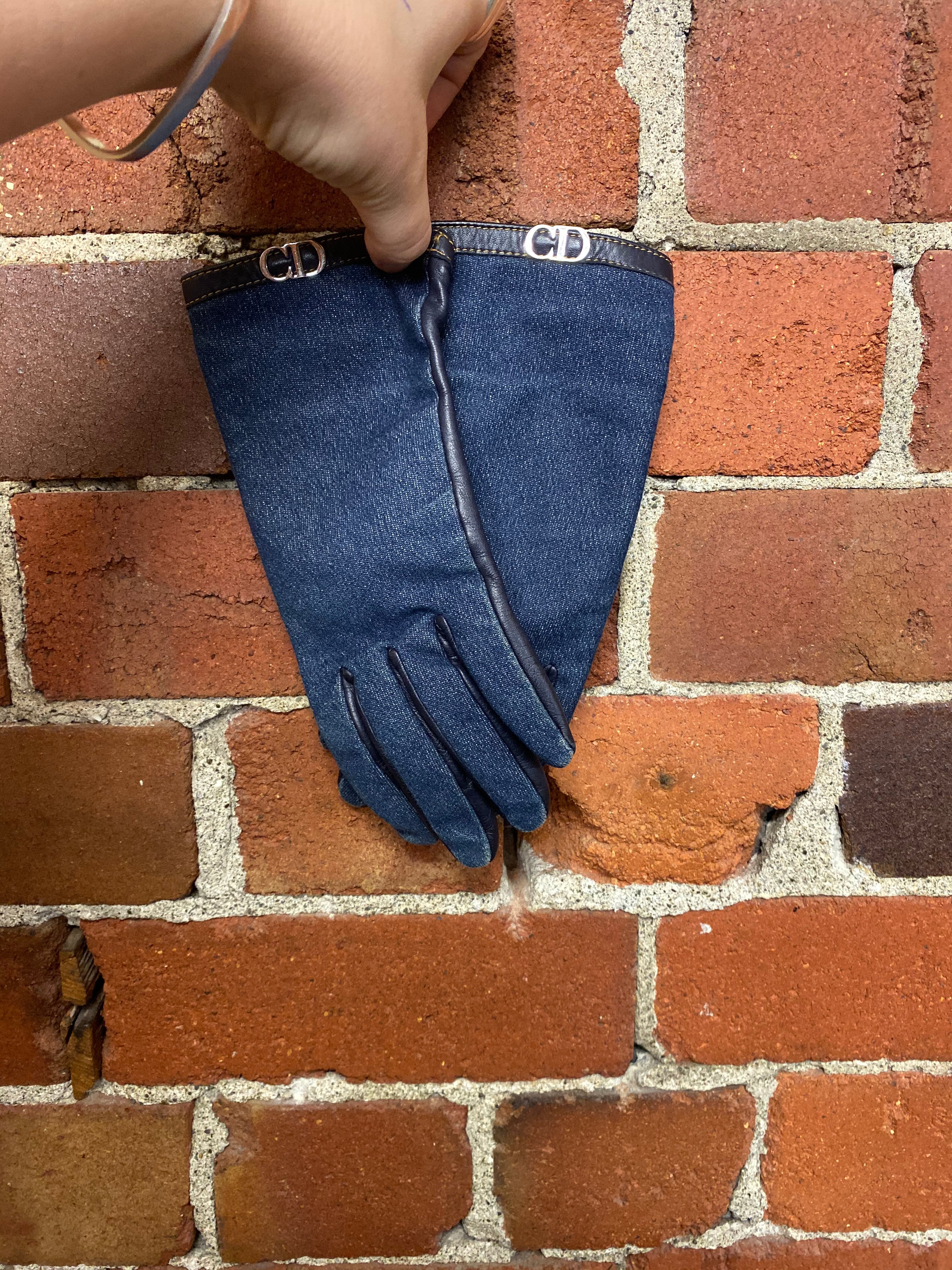 CHRISTIAN DIOR denim and leather gloves