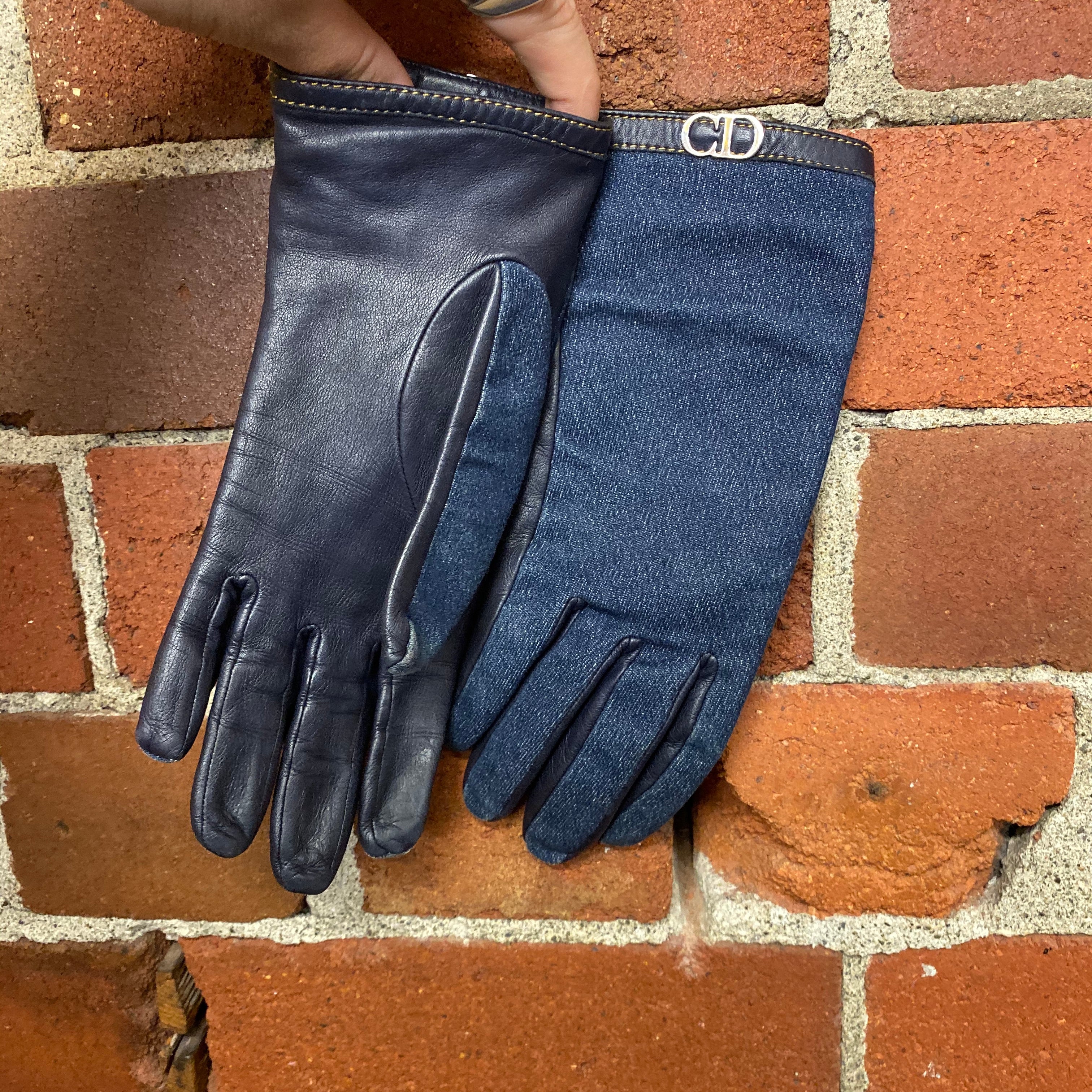 CHRISTIAN DIOR denim and leather gloves