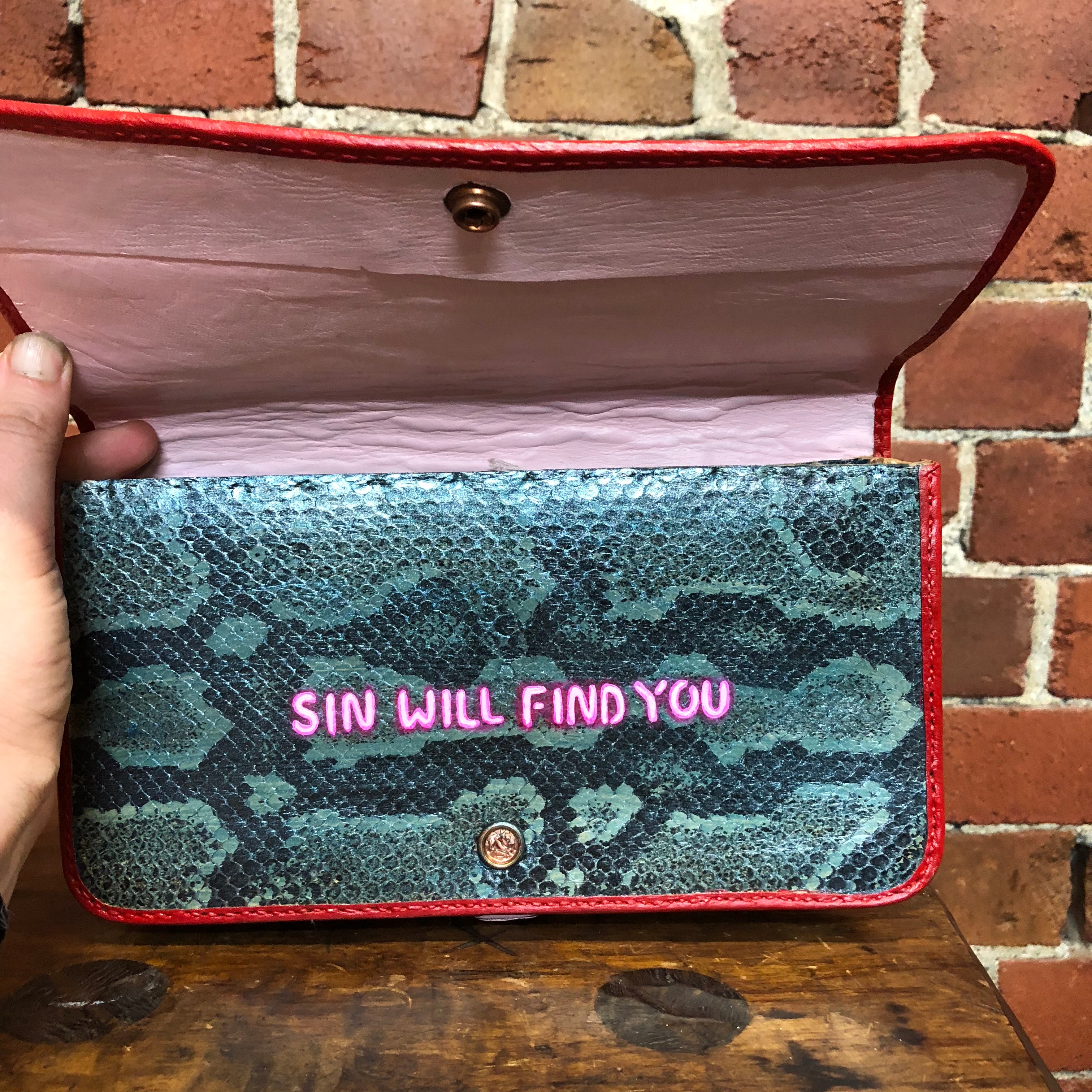 XOE HALL hand painted snakeskin bible clutch!