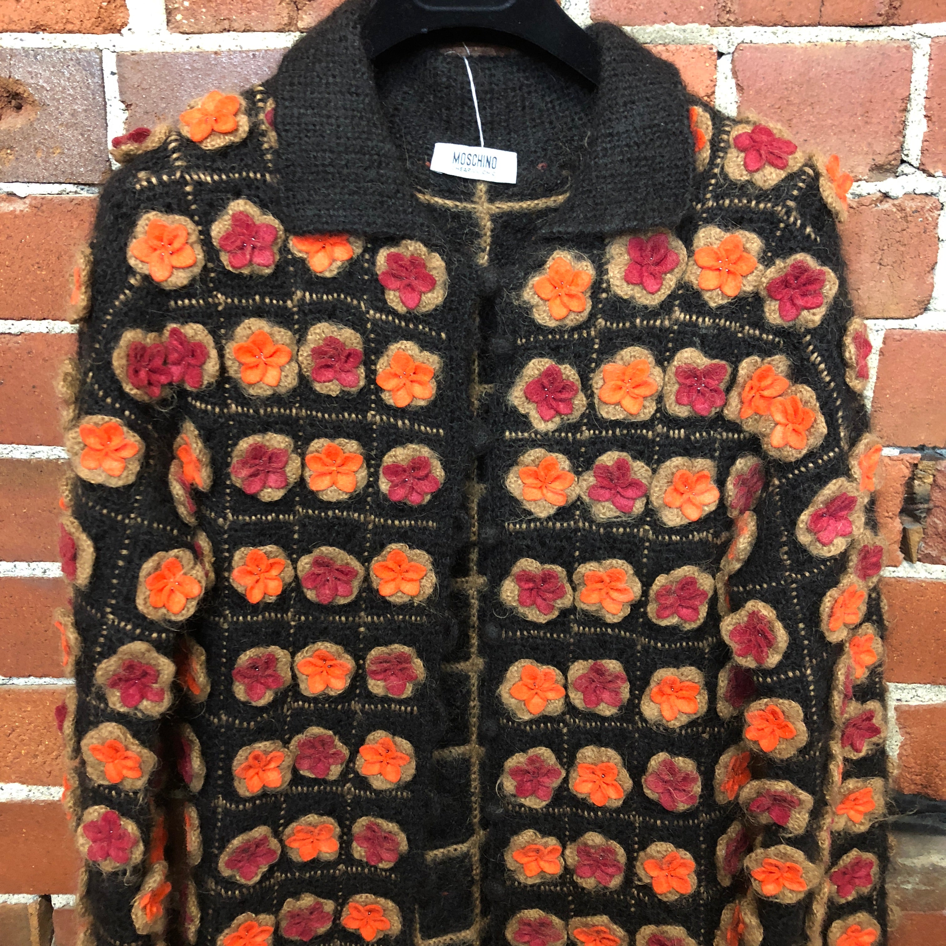 MOSCHINO pure wool crochet and hand felted flower 1990s maxi cardi coat