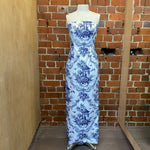 Blue and white pottery inspired evening gown