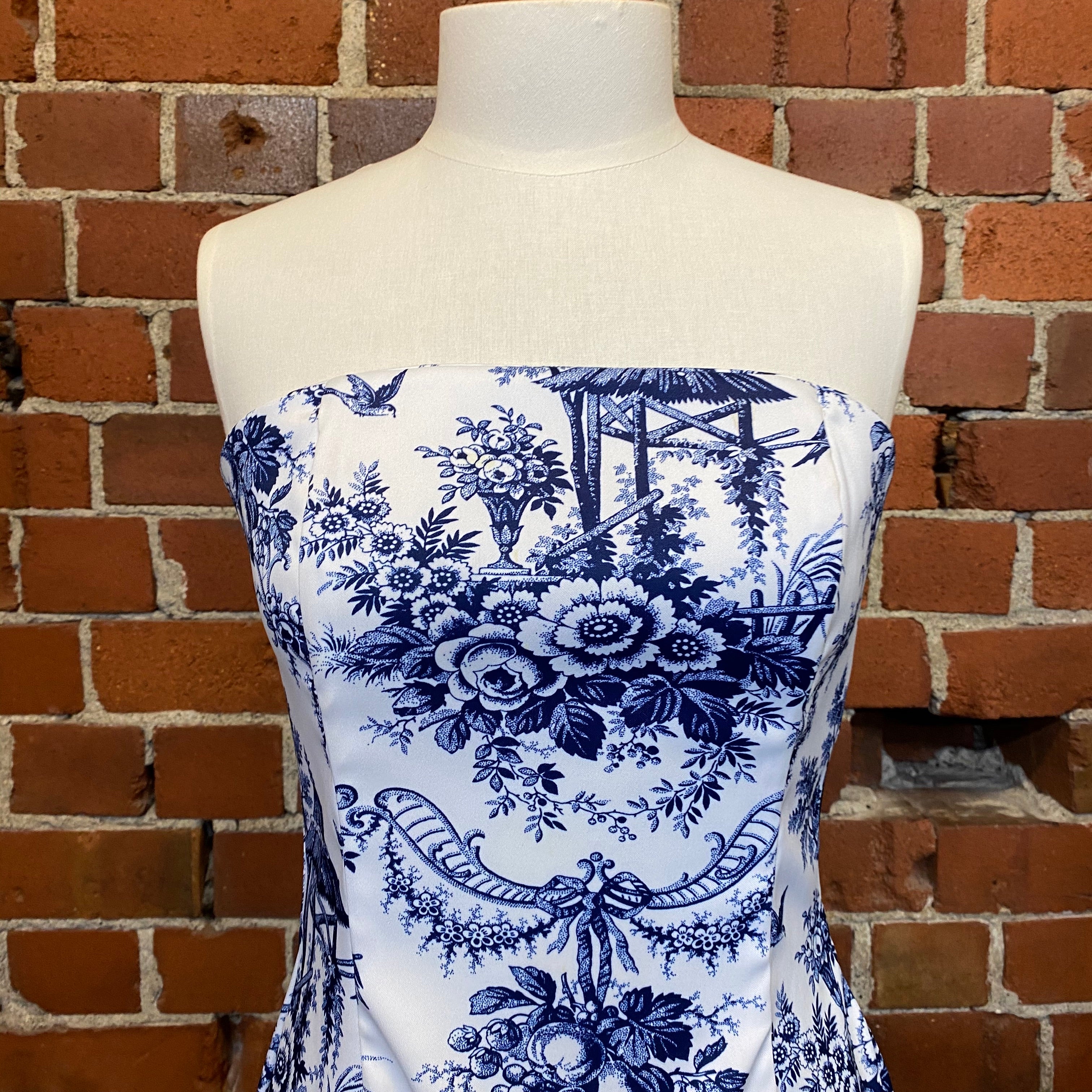 Blue and white pottery inspired evening gown