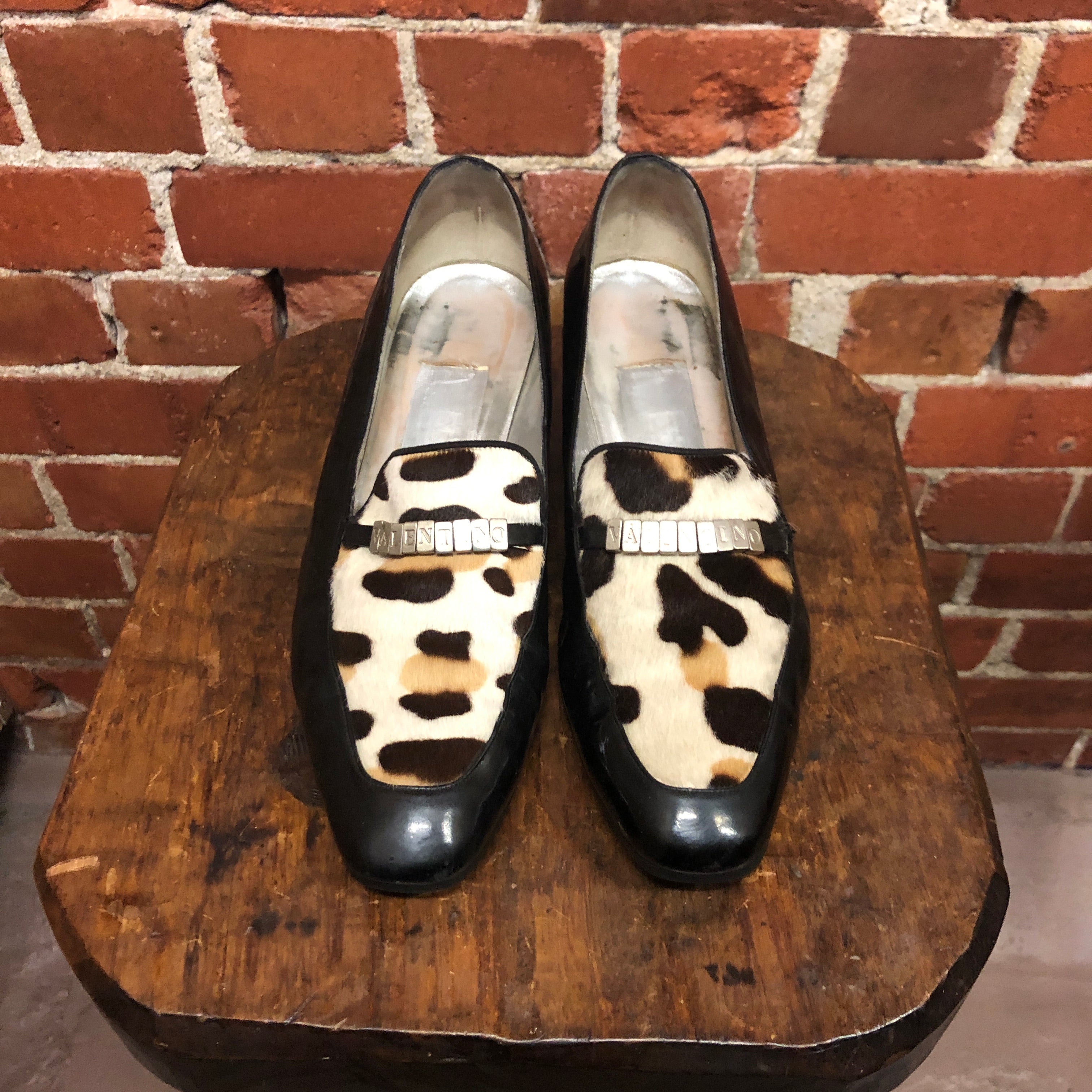 VALENTINO 1980s pony hair and patent loafers 39