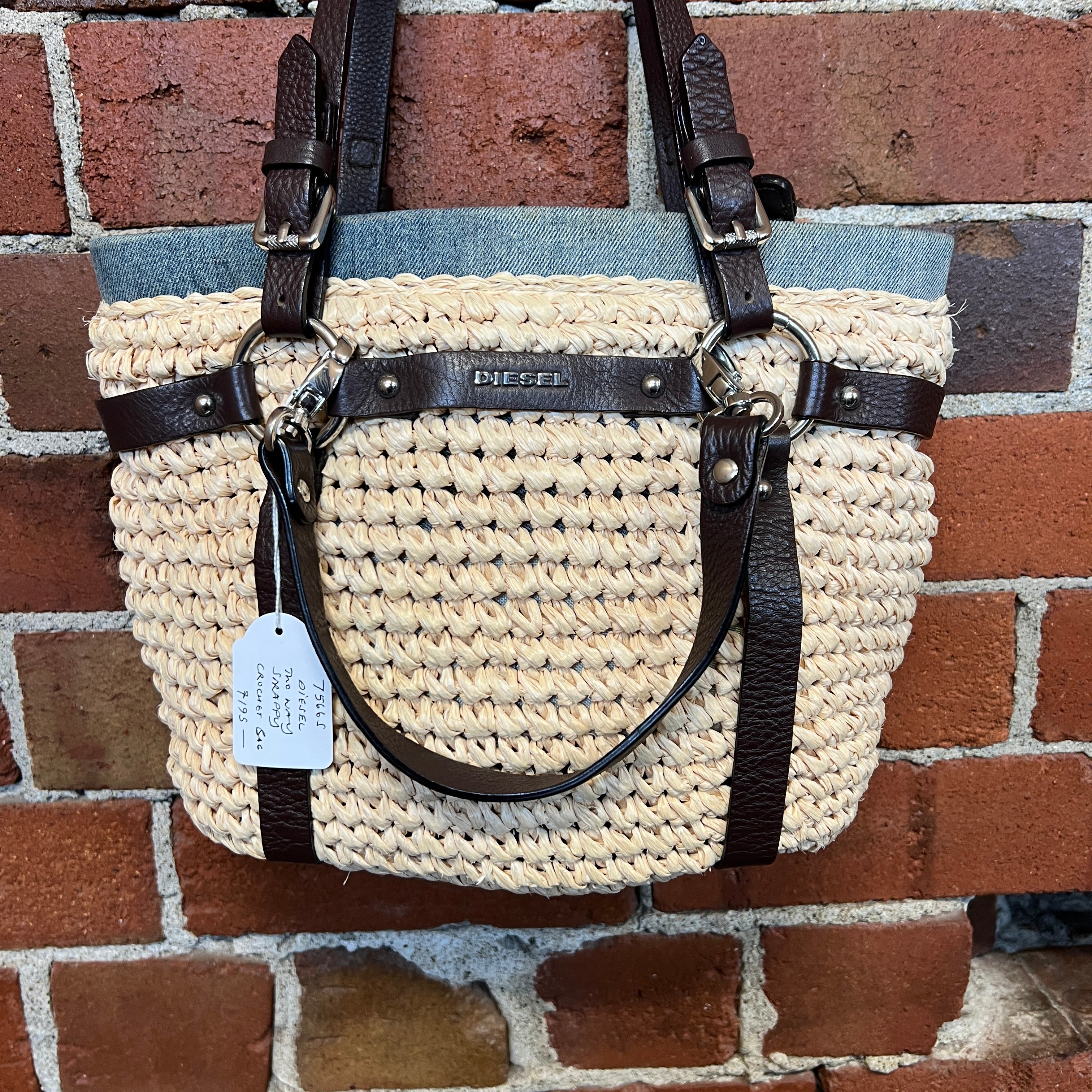 DIESEL leather, denim and woven bucket bag