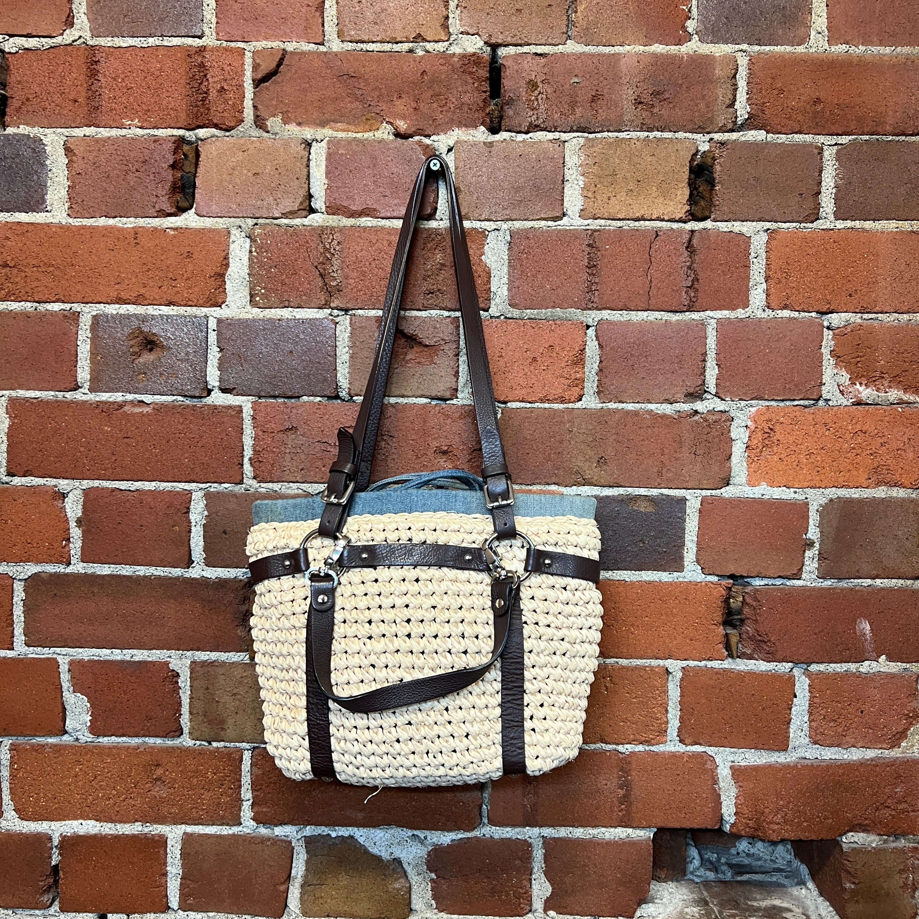 DIESEL leather, denim and woven bucket bag