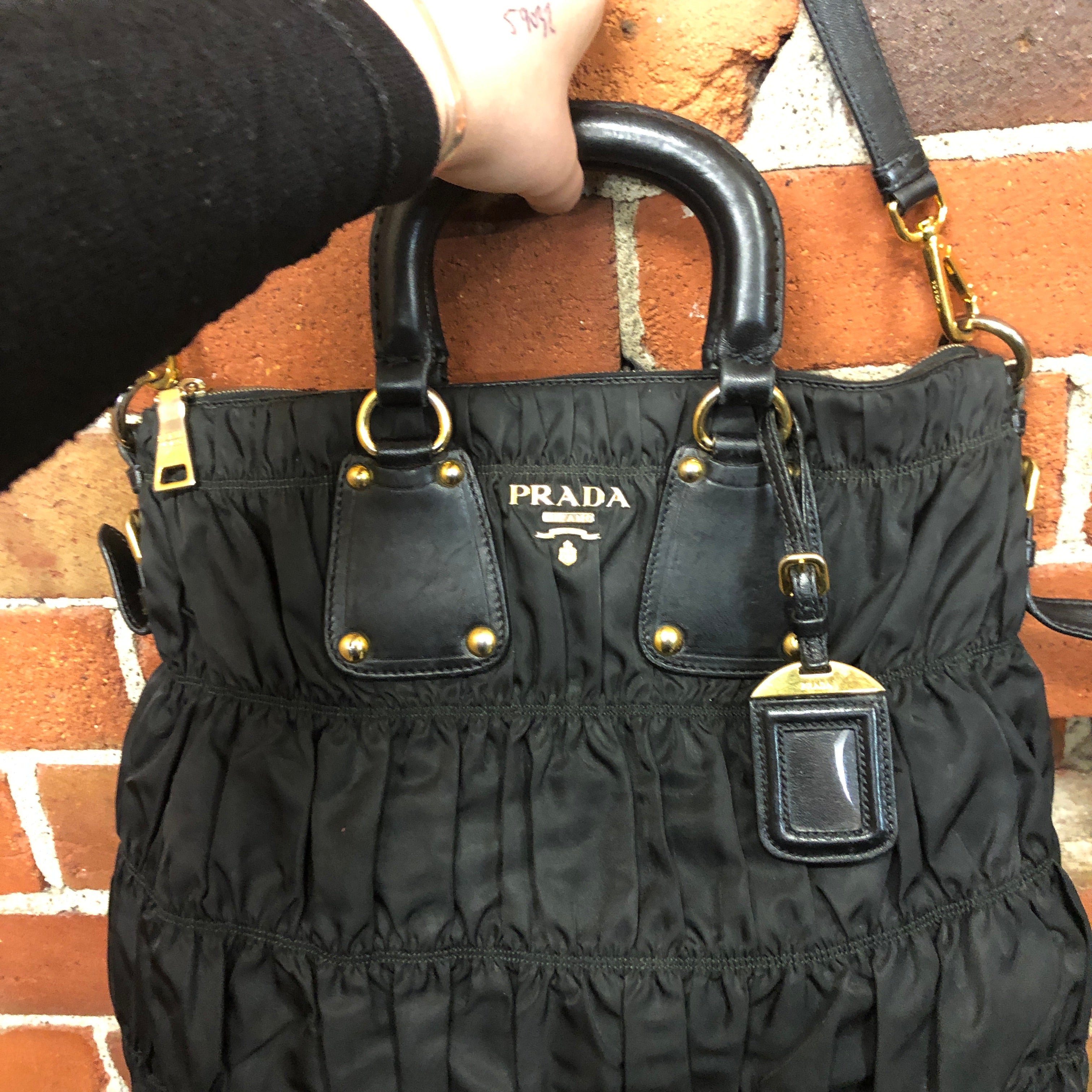 PRADA ruched nylon and leather handbag