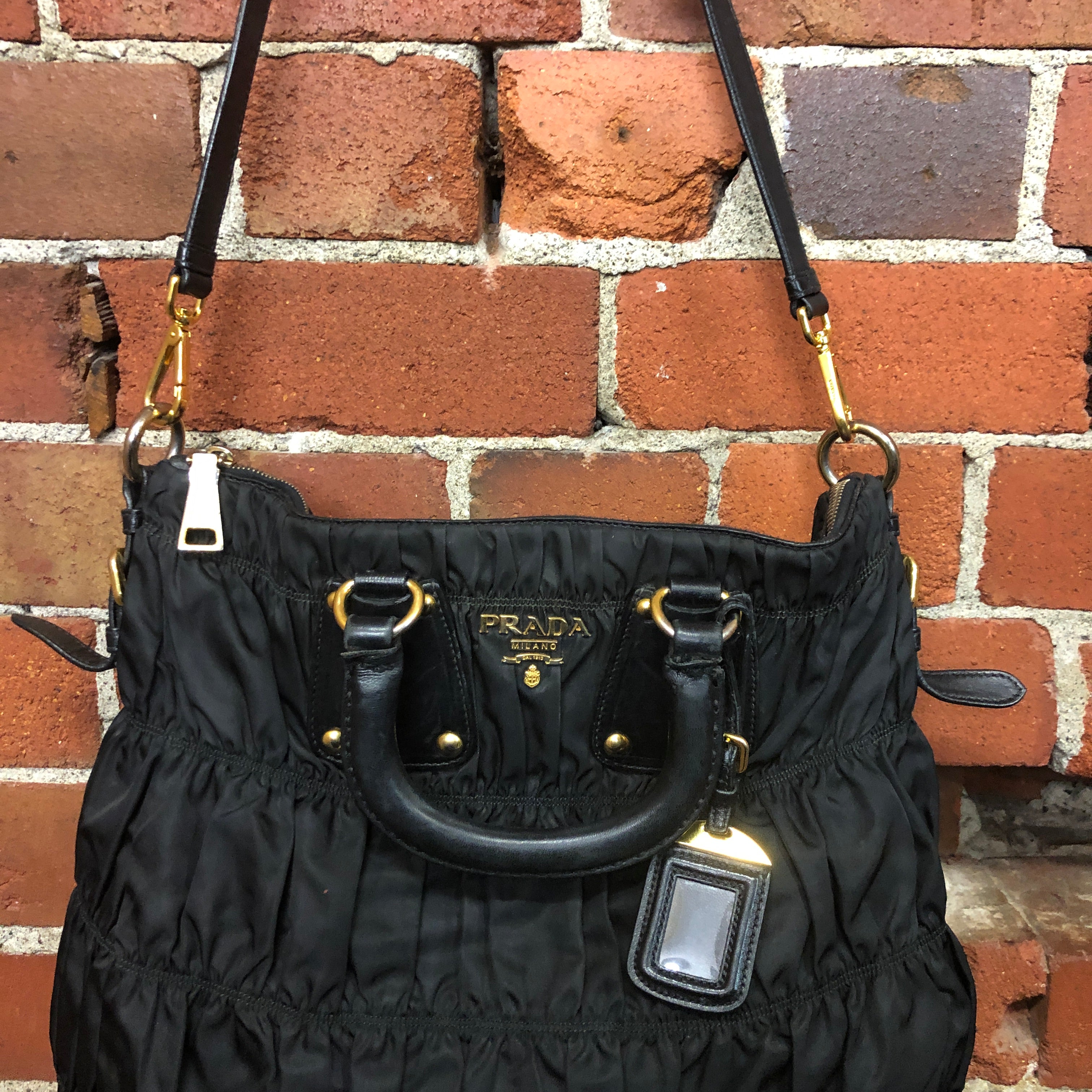 PRADA ruched nylon and leather handbag