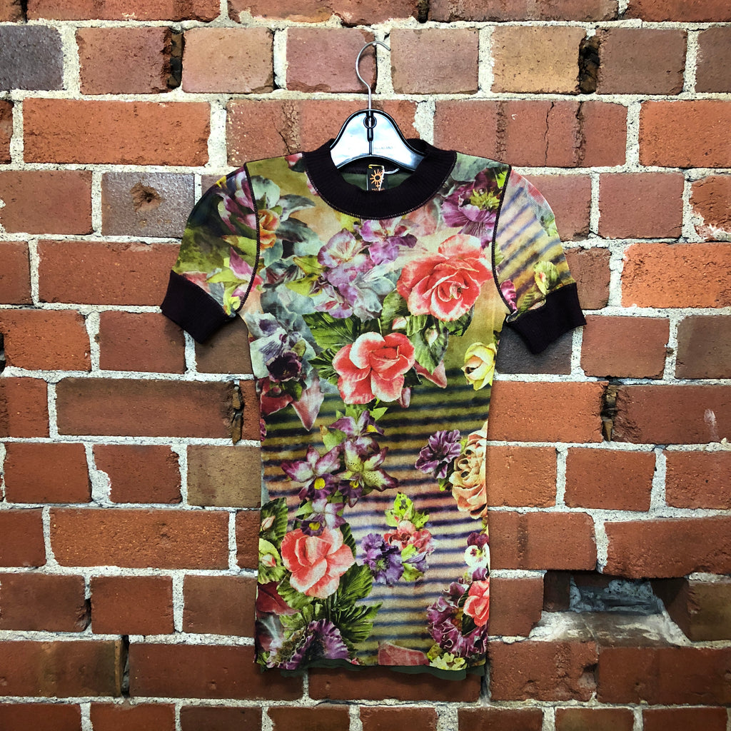 GAULTIER mesh floral striped print tee