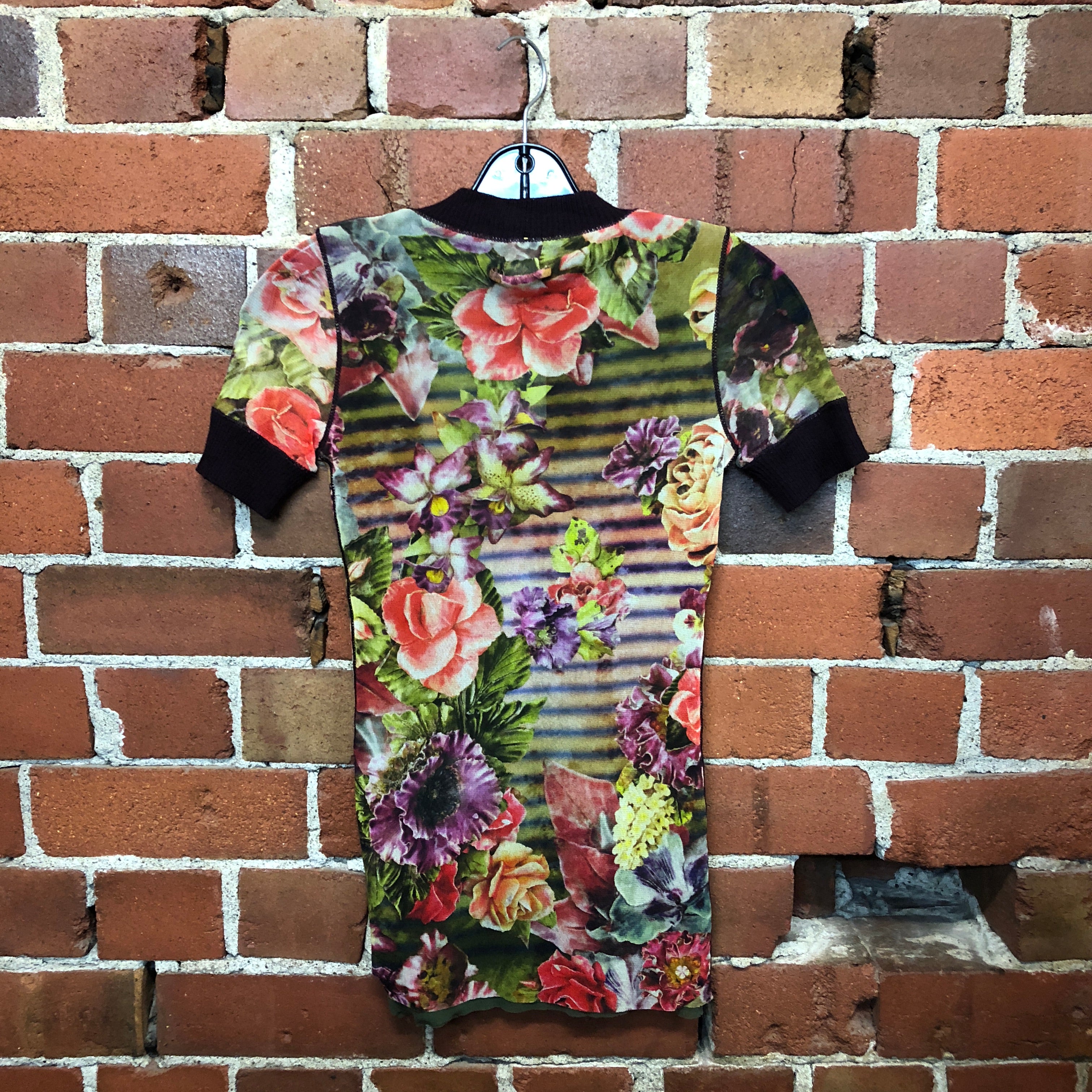 GAULTIER mesh floral striped print tee