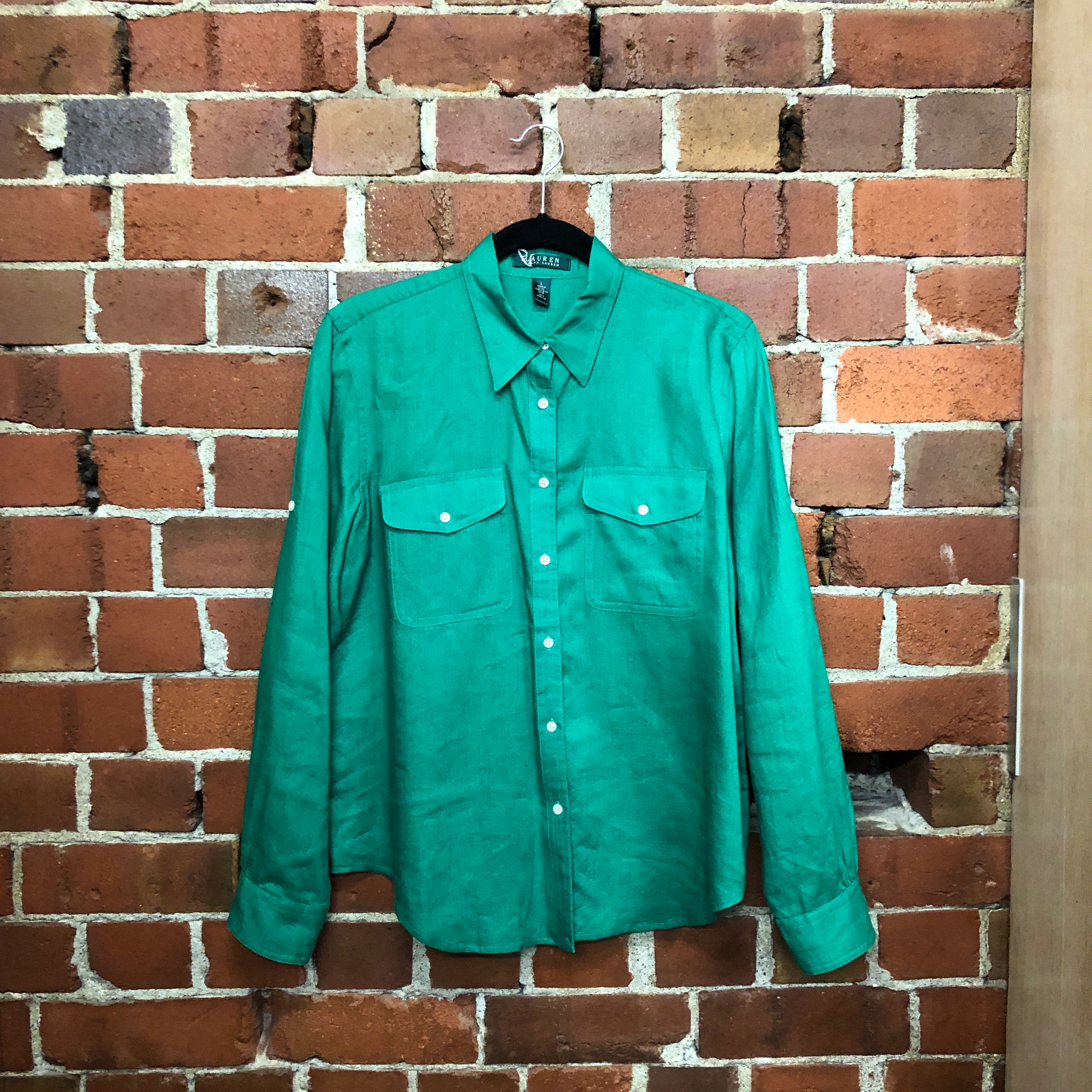RALPH LAUREN 100% Linen bright green shirt