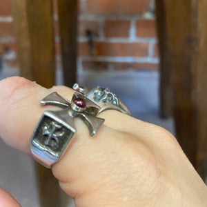 STERLING silver cross ring with garnet stone