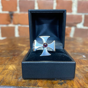 STERLING silver cross ring with garnet stone