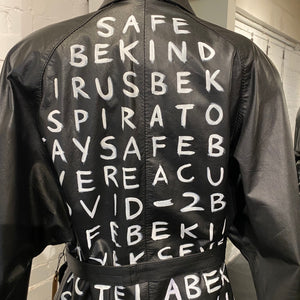 “Be Kind” Jacinta Adern quotes, leather jacket by Paula Collier
